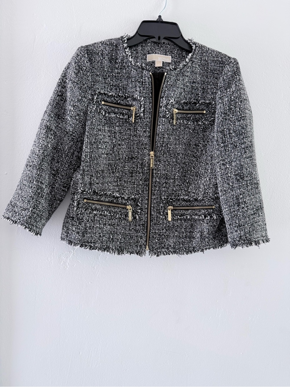 Michael Kors Black & Gray Tweed Zip Front Blazer Jacket